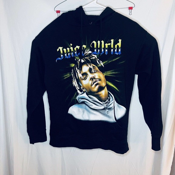 JUICE WRLD Hoodie Mens Medium Black Sweatshirt Rap Hip Hop Face Logo - Picture 1 of 8